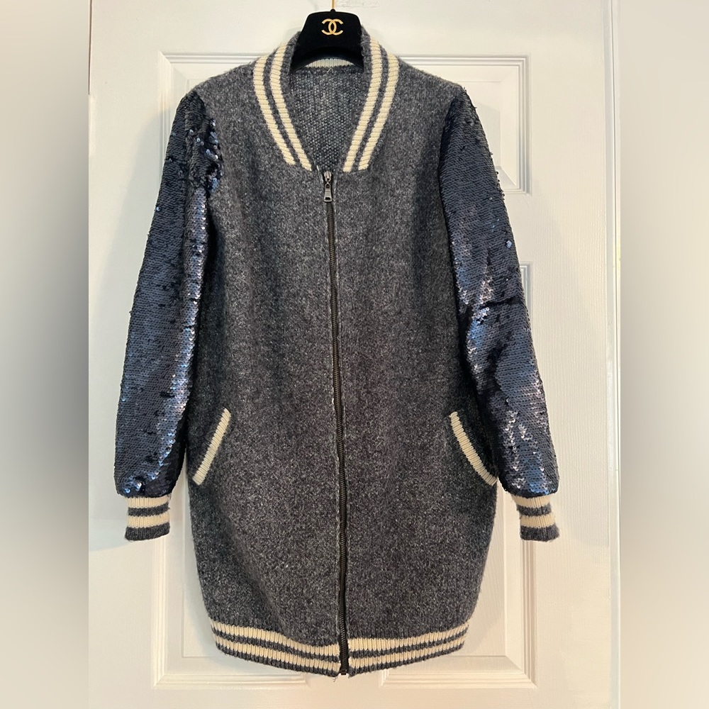 CASTING Zip Front Sequin Blue Sweater Jacket Wool & Mohair Soft Size M/L